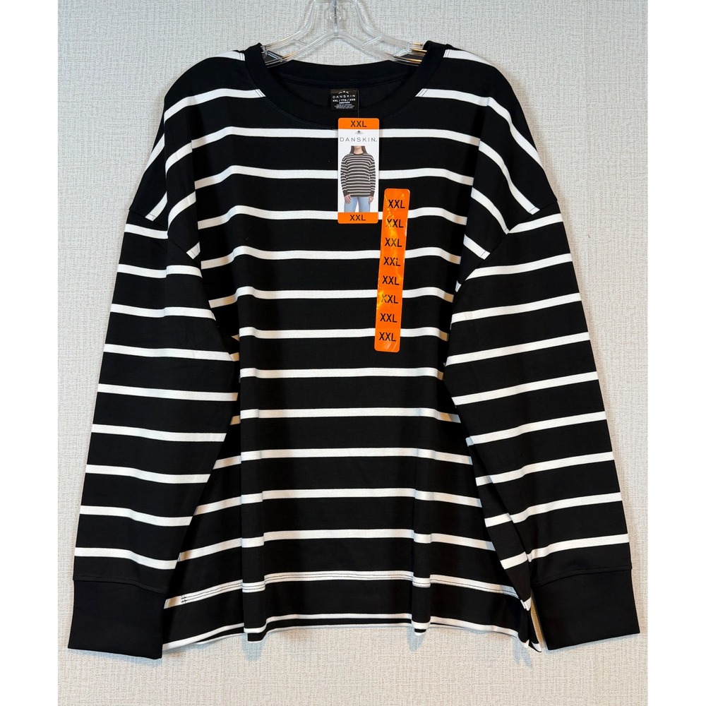 Danskin Womens •XXL• Black White Striped Long Sleeve Relaxed Top Nautical Layer